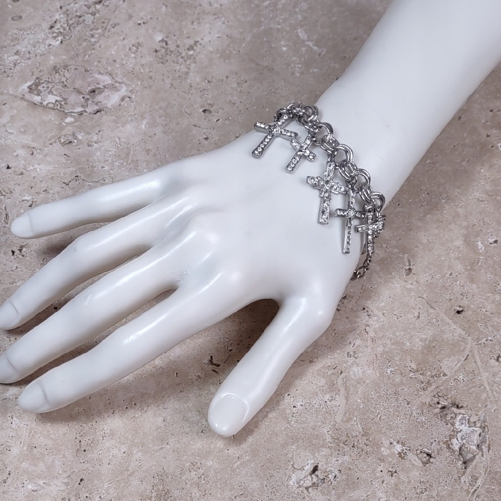 Silvertone Crystal Crosses Charm Bracelet